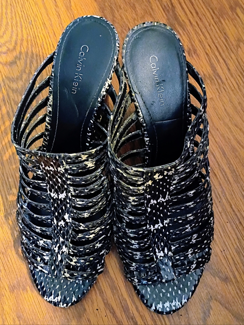 Calvin Klein Black & White Woven Peep-Toe Mules